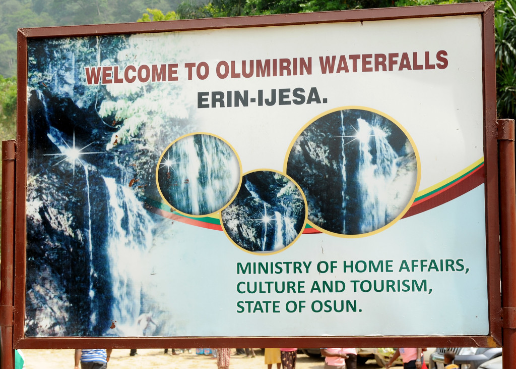 The official welcome sign at Olumirin Waterfalls in Erin-Ijesa